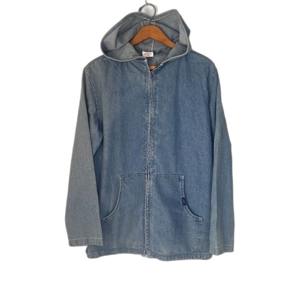 Chic Denim Jacket Hooded Soft Full Zip 100% Cotton Casual Cool Retro Y2K Size LG - Picture 1 of 11